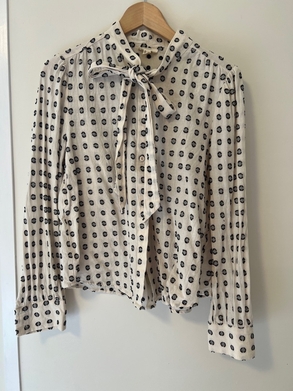Tie-Neck Dot Print Blouse - Cream/Black size L